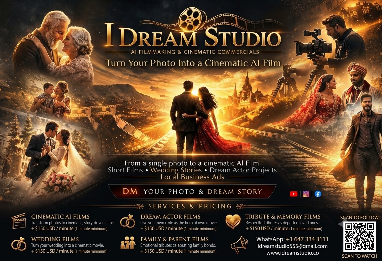 I Dream Studio promotional artwork featuring its filmmaking work, services and contact details